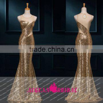 K881real sample round collar sleeveless transparent sexy mermaid long sequin dress