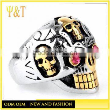 Jingli Jewelry Casting Gold Men's Stainless Steel Skull Biker Rings With Red Eyes (HS-030)
