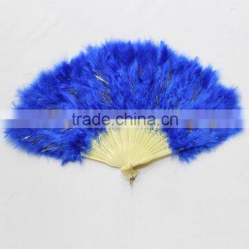 Dance Accessories Hand Foldable Feather Fan Peacock Plastic Staves-Blue with gold tinsel