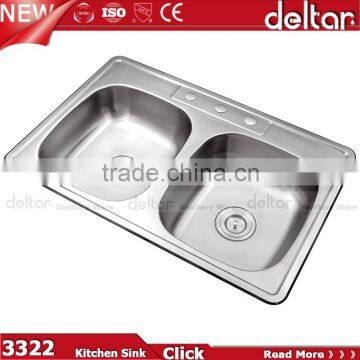 three faucet hole brushed finished double bowl stainless steel kitchen sink