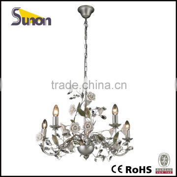 SD0934/5 Silver Craft Iron Chandelier With Ceramic Flower Decorative For The Bedroom