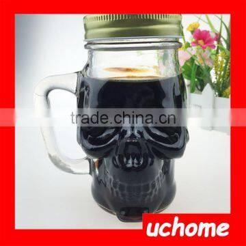 UCHOME 2016 New Style Skull Shaped Glass Mason Jar With Screw Lid And Straw