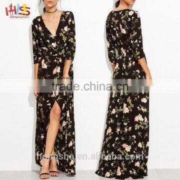 Long Sleeve Black V Neck Florals Wrap Maxi Dress Sexy Slit Maxi Dress Summer