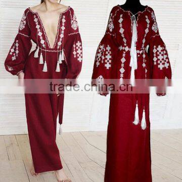 Boho Clothing Ukrainian Vyshyvanka Embroidery Designs Linen Dresses With Tassel Long Sleeve Maxi dresses HSD5766