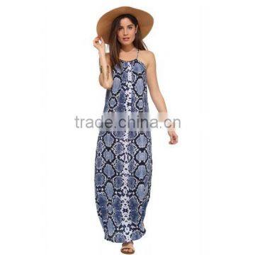 Ladies fashion spaghatti straps snake skin print long chiffon maxi dress