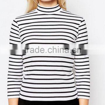 New Design Simple Fashion Stripe Roll Neck 3/4 Sleeve t- Shirt for Lady photo-4