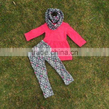 New arrival hot pink top aztec pants with scarf 3 pieces set girls Children set baby kids wear baby suit boutique set