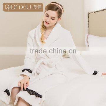 High tenacity Qianxiu Winter Soft White Long Flannel Fabric Women Bath Robe Nightgowns