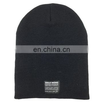 Plain black knitted beanie hats with printed label logo