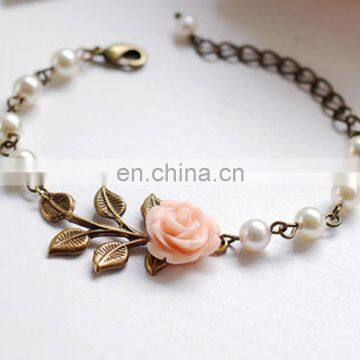 Peach Pink Flower Leaf Ivory Cream Pearls Bracelet Vintage Inspired Wedding Bridal Pearl Bracelet photo-2