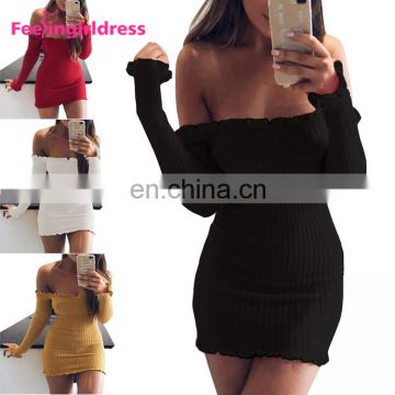 Elegant 4 Color Long Sleeve Sexy Bodycon Women Party Clothing Off-Shoulder Dress