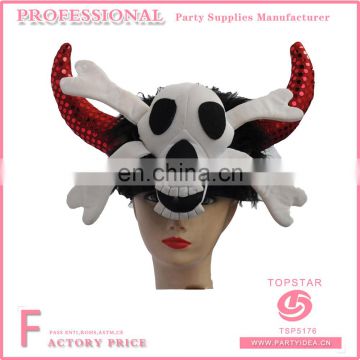 Skull decorated on the halloween hat with red flashing horn for festival favor