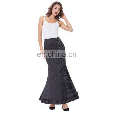 Belle Poque Women Vintage Retro Victorian Style Ruffled Jacquard Fishtail Mermaid Black Long Maxi Skirt BP000204-1 photo-5