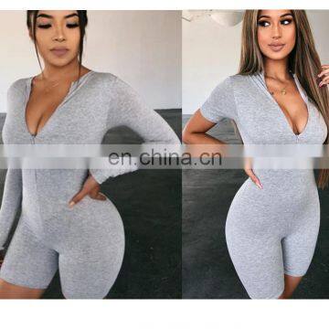 Custom logo Women's One piece basic t shirt zip close bodycon bodysuit jumpsuit for lady