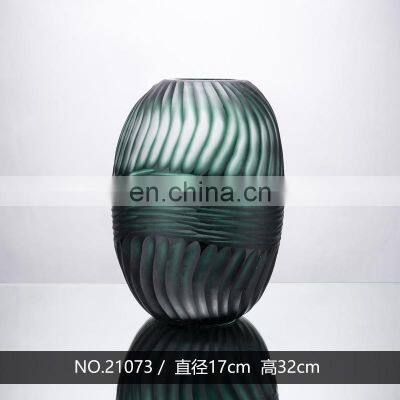 Nordic Cylindrical Corrugated Ripple Green Glass Flower Vase For Home Decor Decoration photo-3