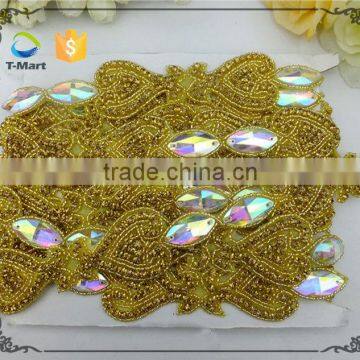 Gold Trim Wedding Bridal Dress Belt Sash Rhinestone Applique photo-3