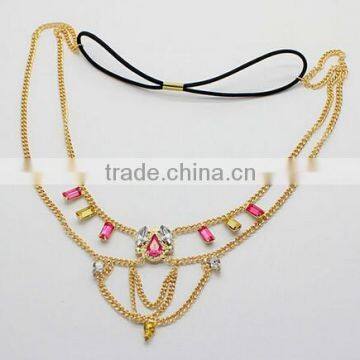 Two color rhinestone hair jewelry gold chain 2 layer hair accessories Fashion personality wedding jewelry for women hair chain