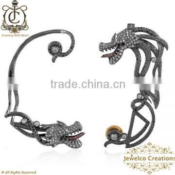 14K Gold Natural Pave Diamond Dragon Ear Cuff Jewelry, Gold Diamond Ear Cuff Earring, 925 Silver Dragon Fashion Earring Jewelry