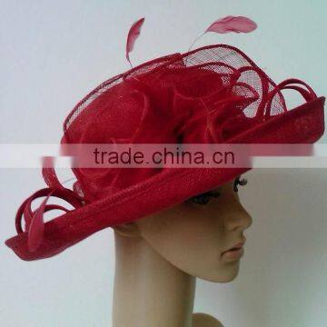 Elegant and red sinamay hat trimming with feathers