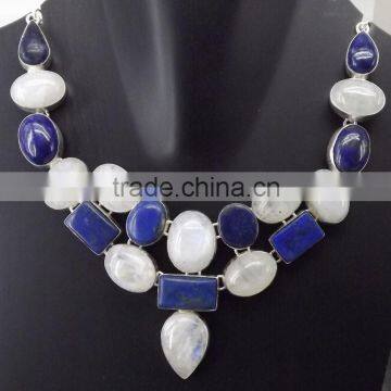 Lapis Lazuli, Rainbow Moonstone Necklace plated 925 Sterling Silver 84 Gms 18-20 Inches