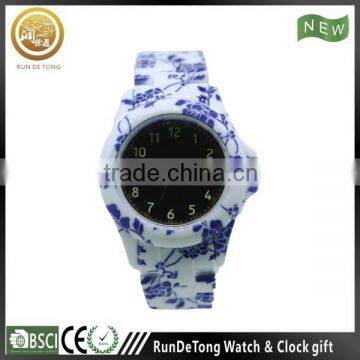 Grace white color blue silk printing pattern analog plastic watch