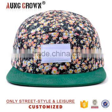 Wholesale white flat brim custom floral print 5 panel caps