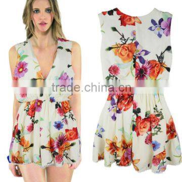 Women Floral Print Jumpsuit, Deep V Neck Printed Romper With Ruffles Hem