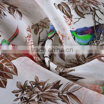 Parrot Bird Branch Leaf Printed Silk Linen Blend Fabric photo-4