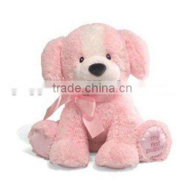 soft and cute pink puppy baby plush toys with ribbon and embroidery