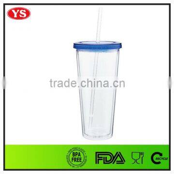 Food grade 20 OZ Plastic double wall drinking straw cup with flat lid