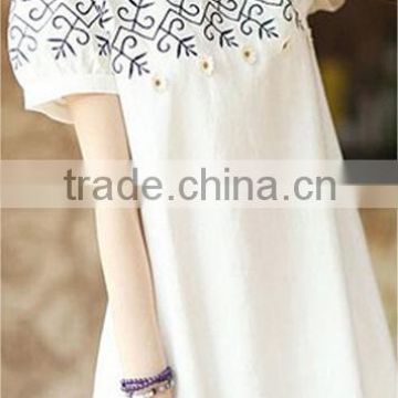 Hot sale cotton and linen white embroidery pregnant women dress, materinity clothes