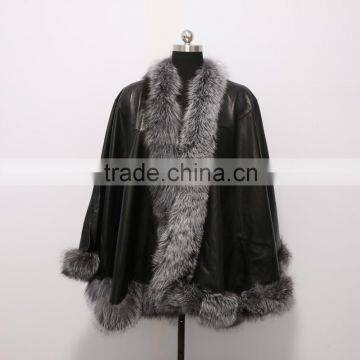 European fashion leather cape with fox fur trim for women