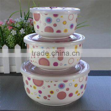 ceramic bowl , set 3 preservation fresh seal bowl set,3pcs ceramic salad bowl set with plastic lid