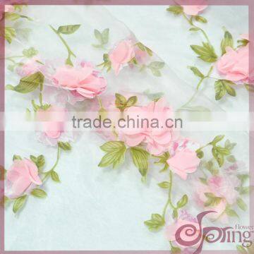 Elegant pink printed organza floral applique designs 3d lace fabric