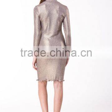2017 New Arrival Metallic Gold Knitted Sweater Long Sleeve Hight Neck Tight Fit Pullover & Skirt Co-ord Set photo-2