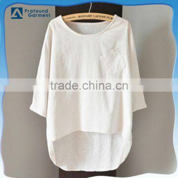 Cotton Linen 3/4 sleeves pocket short front long back short women t shirt