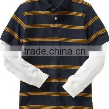 BOYS STRIPED LONG SLEEVE POLO T SHIRT WITH CONTRAST LAYER SLEEVES