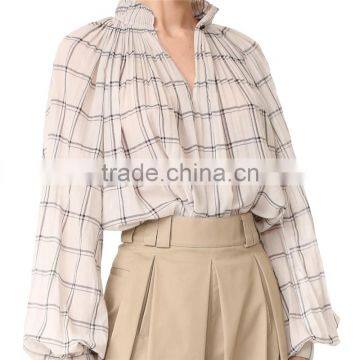 2017 OEM Spring Femme Airy Sand Windowpane Checks Tunic Blouse photo-2