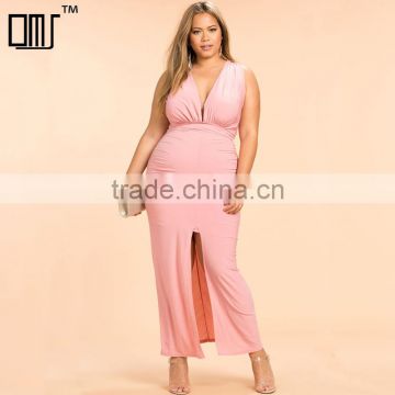 Plunge neck sleeveless plus size maxi evening dresses for fat ladies