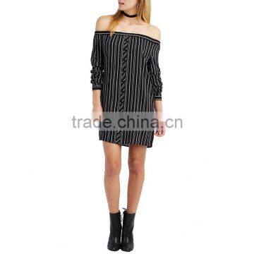 OEM Service Plus Size Polyester off Shoulder Stripe Long Sleeve Elgant Casual Dresses Fashion Lady Dress