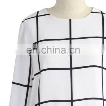 women long sleeve white plaid chic grid flare party dress