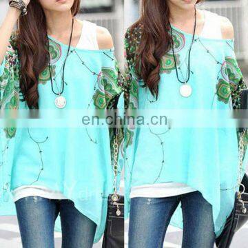 2014 New Arrival Light Blue One-Shoulder Printed Woman Chiffon Tops