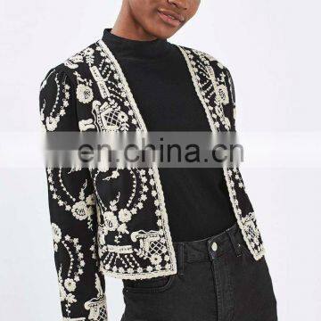 High fashion petite lace embroidered jacket black color ladies blazer designs