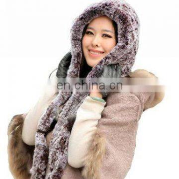 women's 100% real genuine knitted rex rabbit fur hooded scarf with fringe