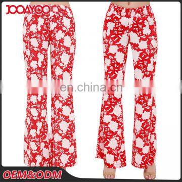 Spring Summer Design Coral Red Floral Print Lady Pants Relax Wide Leg Casual Pants For Women