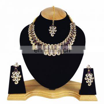 Designer Modish Gold Plated Indian Handmade Party wear Kundan Zerconic Necklace set Purple Color