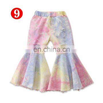 Tie-dye Girl Bell Bottom Pants Kids Children Ripped Hole Denim Pant Baby Girl Fashion Trousers Long Pant Double Single Decker photo-6