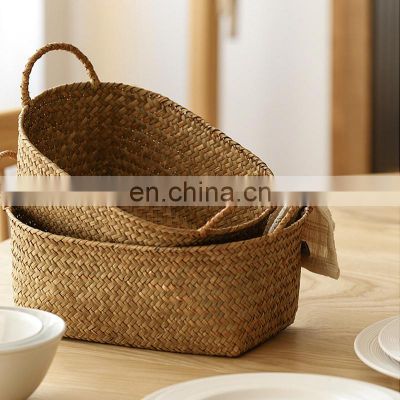 high quality Natural Shelf Basket with Handle for Organizer Stackable seagrass Woven rattan fruit picnic Baskets for Storage