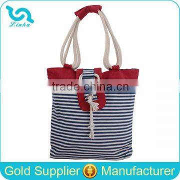 Navy Stripe Pattern Canvas Rope Handle Beach Bag Canvas Sailor Bag