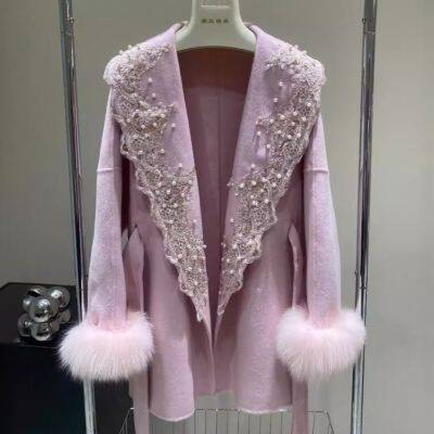 New Autumn and Winter Bespoke Lace Wool Coat, Women's Mid-length Fox Fur Double-sided Woolen Cape Coat photo-2